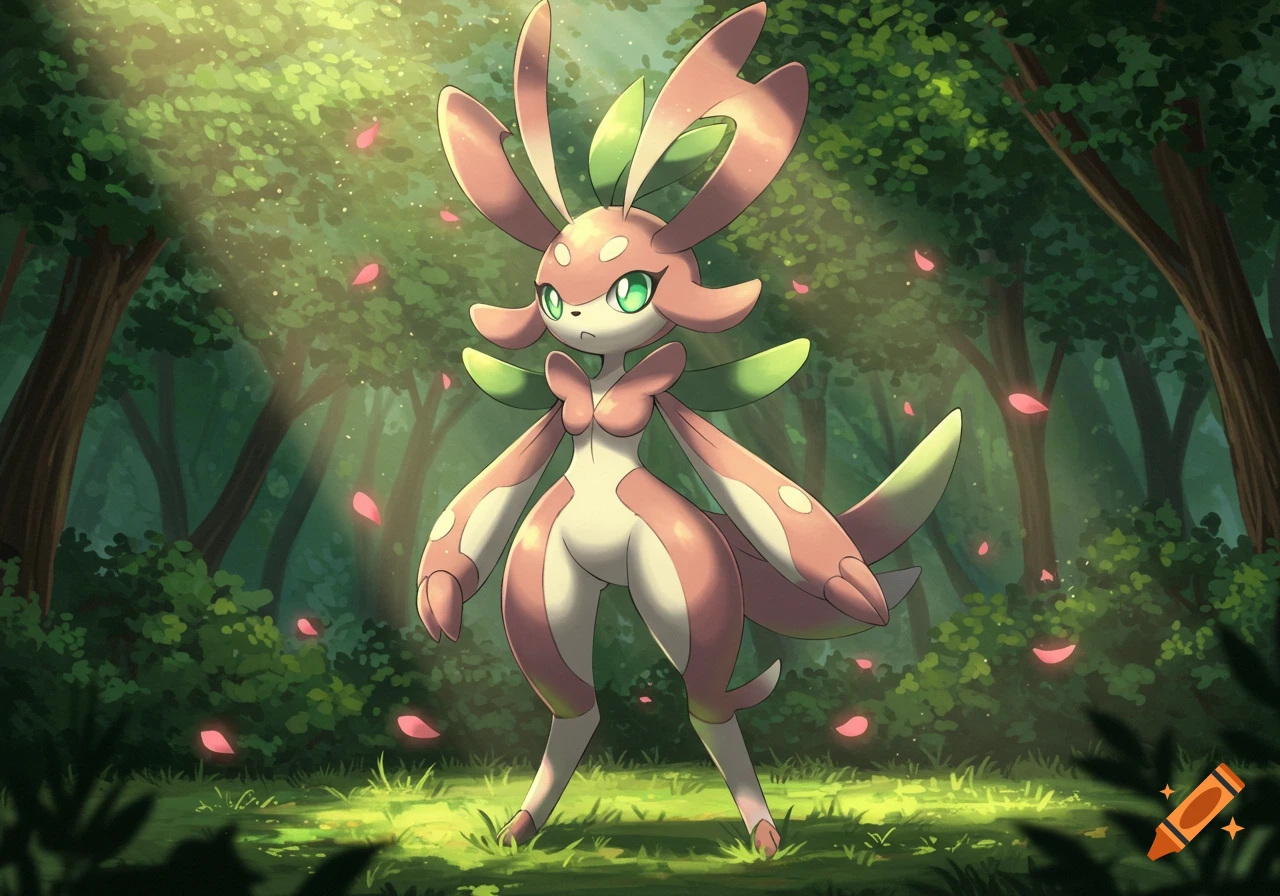 A pink and white Pokemon-like creature with green accents stands in a sun-dappled forest clearing with pink petals floating around it.