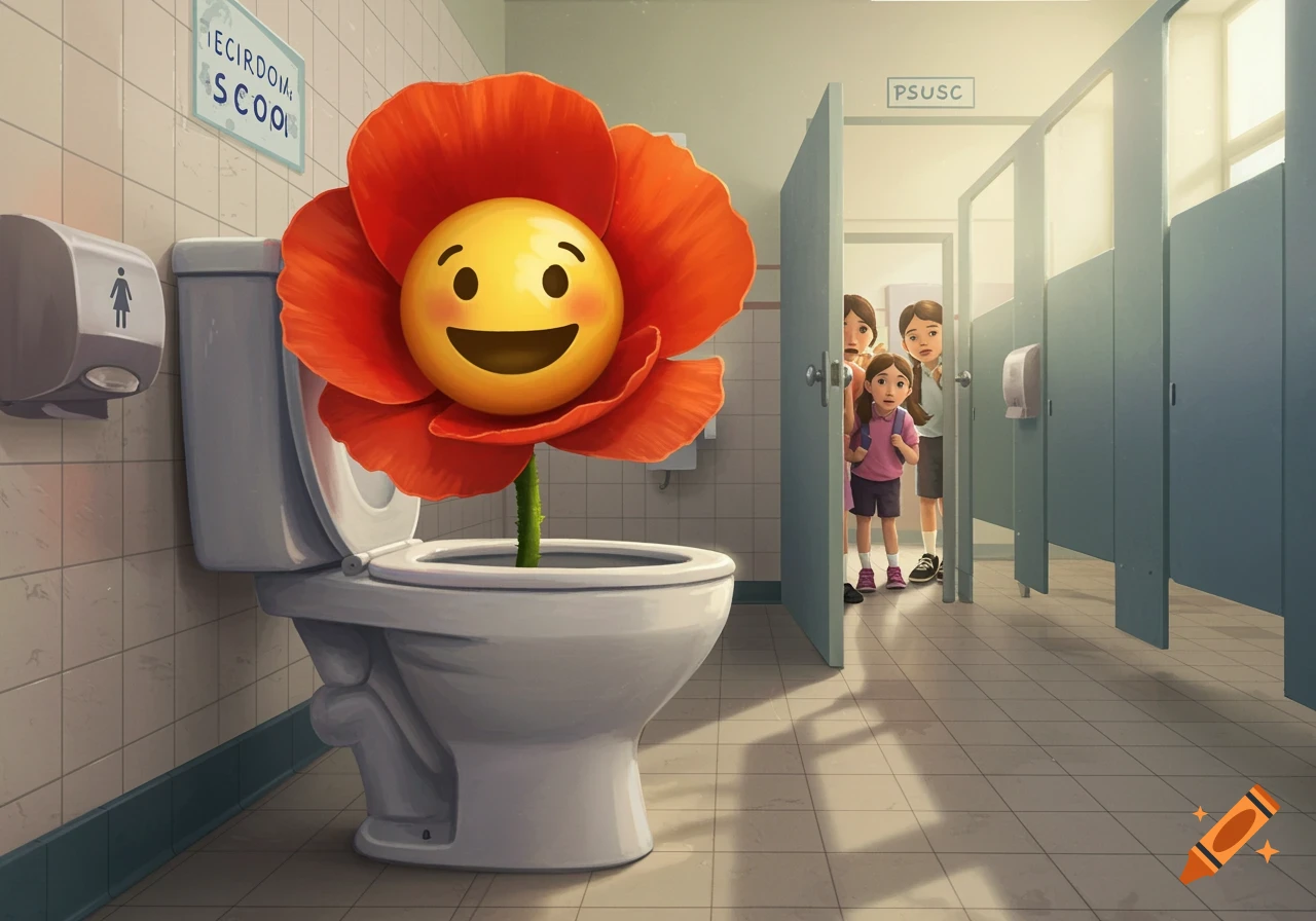 A red flower with a smiling emoji face grows out of a toilet in a school bathroom, as three children look on in surprise.