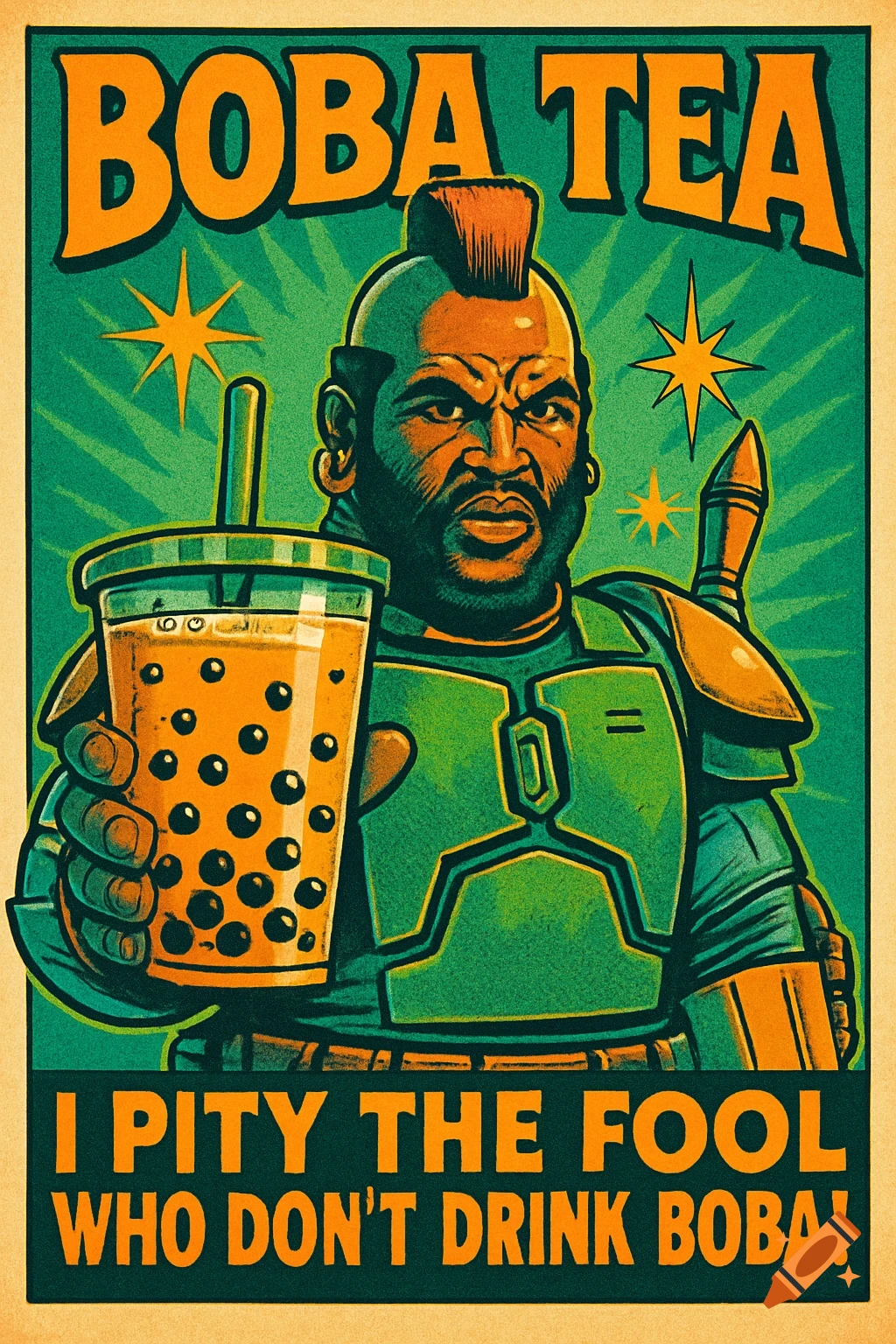 A retro poster with a tough, mohawked man in sci-fi armor holding boba tea. Text: 'Boba Tea. I PITY THE FOOL WHO DON'T DRINK BOBA!'