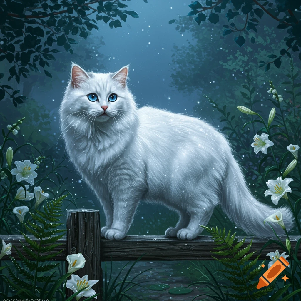 A fluffy white cat with bright blue eyes stands on a wooden fence post in a moonlit forest with white flowers and sparkling elements.
