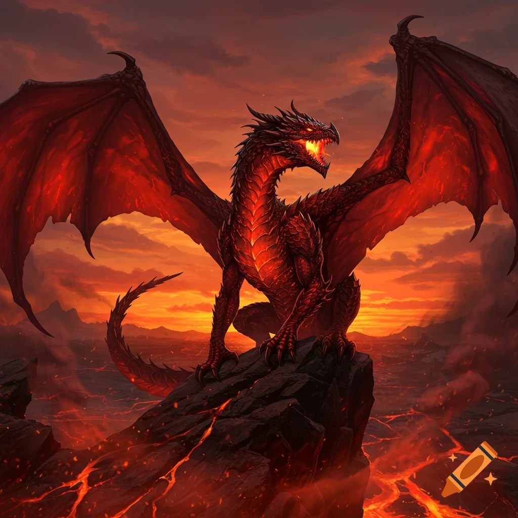 A powerful red and black fire dragon with glowing eyes and chest, perched on a volcanic rock over a lava landscape at sunset.