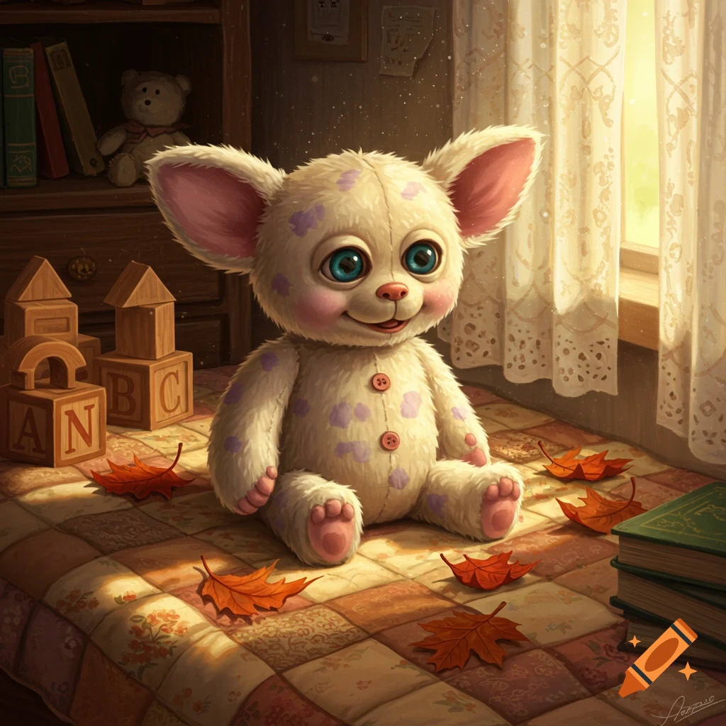 A cute, white plush toy with large ears and blue eyes sits on a quilted bedspread surrounded by autumn leaves, wooden blocks, and books.