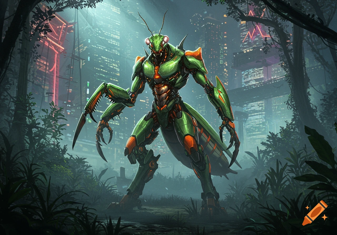 A detailed digital art image of a green and orange robotic praying mantis creature in a lush jungle with a futuristic city in the background.