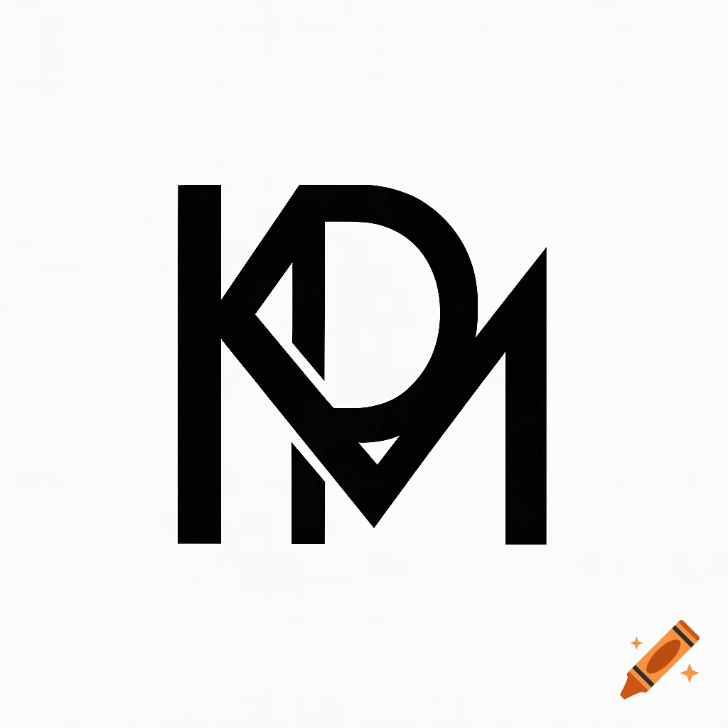 A black and white logo featuring the letters K, D, and M merged together into a single stylized emblem.