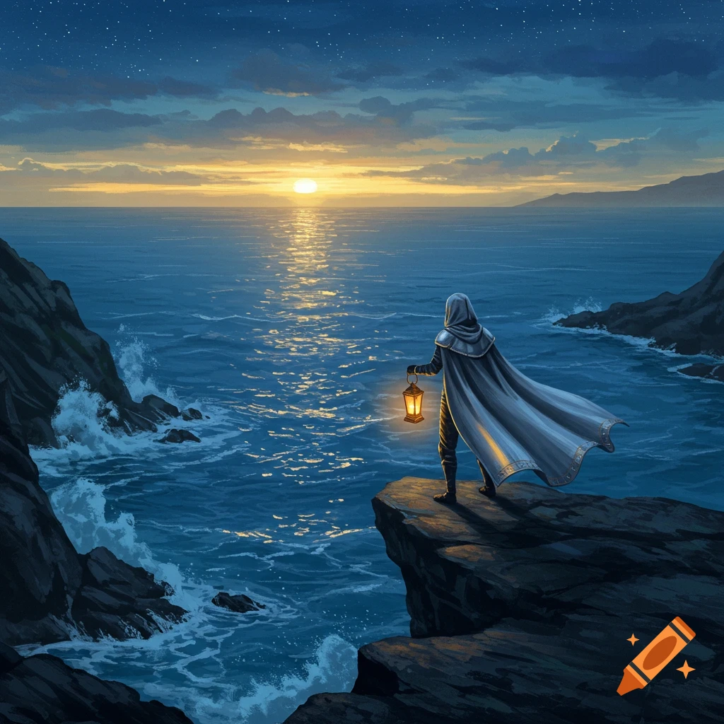 A cloaked figure holding a lantern stands on a cliff overlooking a vast ocean with a sunset horizon.