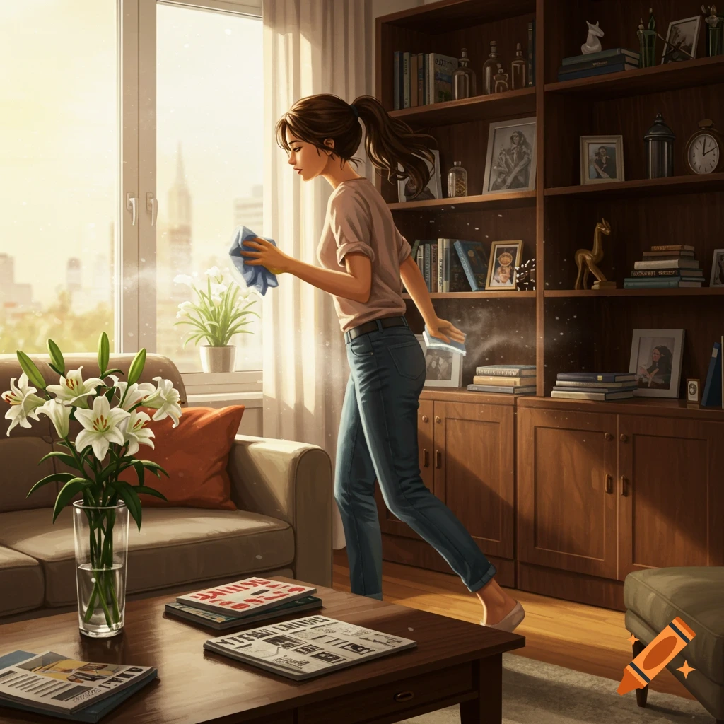 A brunette woman cleans a sunlit living room, wiping a window and a bookshelf. A vase of white lilies sits on a coffee table.