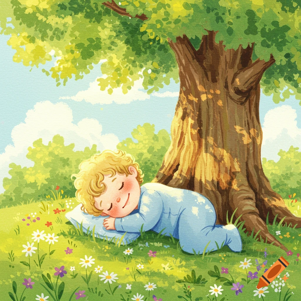 A soft watercolor children's book illustration of a blonde baby boy sleeping under a tree in a field of flowers.