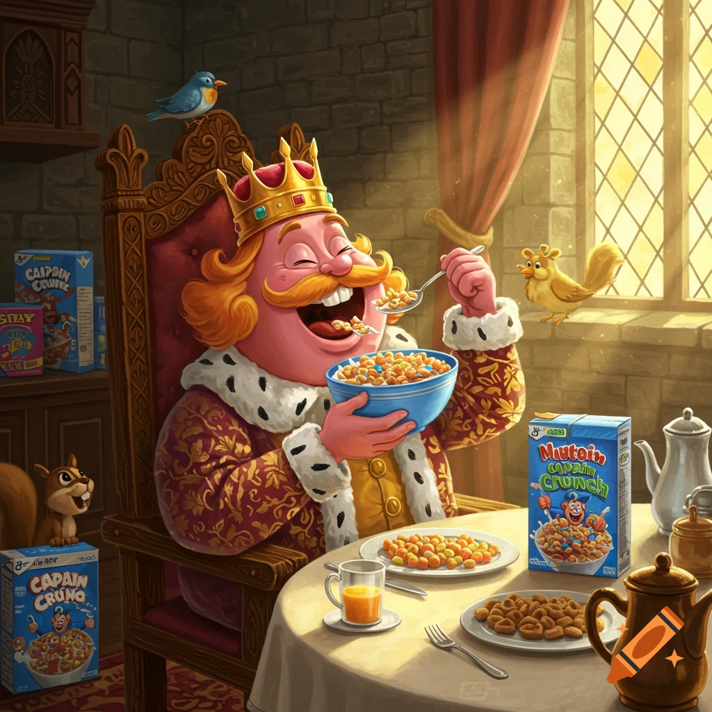 A jovial cartoon king with a crown and regal robes happily eats a bowl of cereal at a table in a castle, with cereal boxes, other food, and small animals nearby.