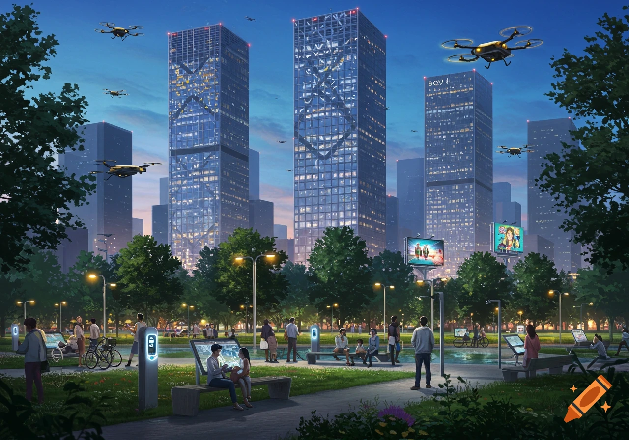 A vibrant, futuristic city park at dusk, with people interacting with technology, drones flying above skyscrapers.