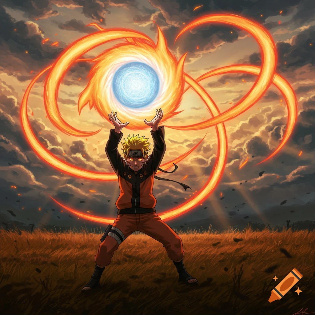 Naruto Uzumaki in a field, holding a glowing blue Rasengan surrounded by swirling orange chakra, against a dramatic sunset sky in an anime style.