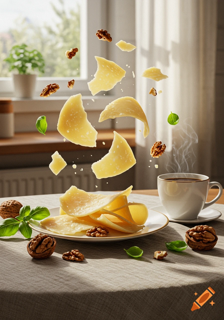 Floating parmesan cheese, walnuts, and basil over a plate with a steaming coffee cup on a table.