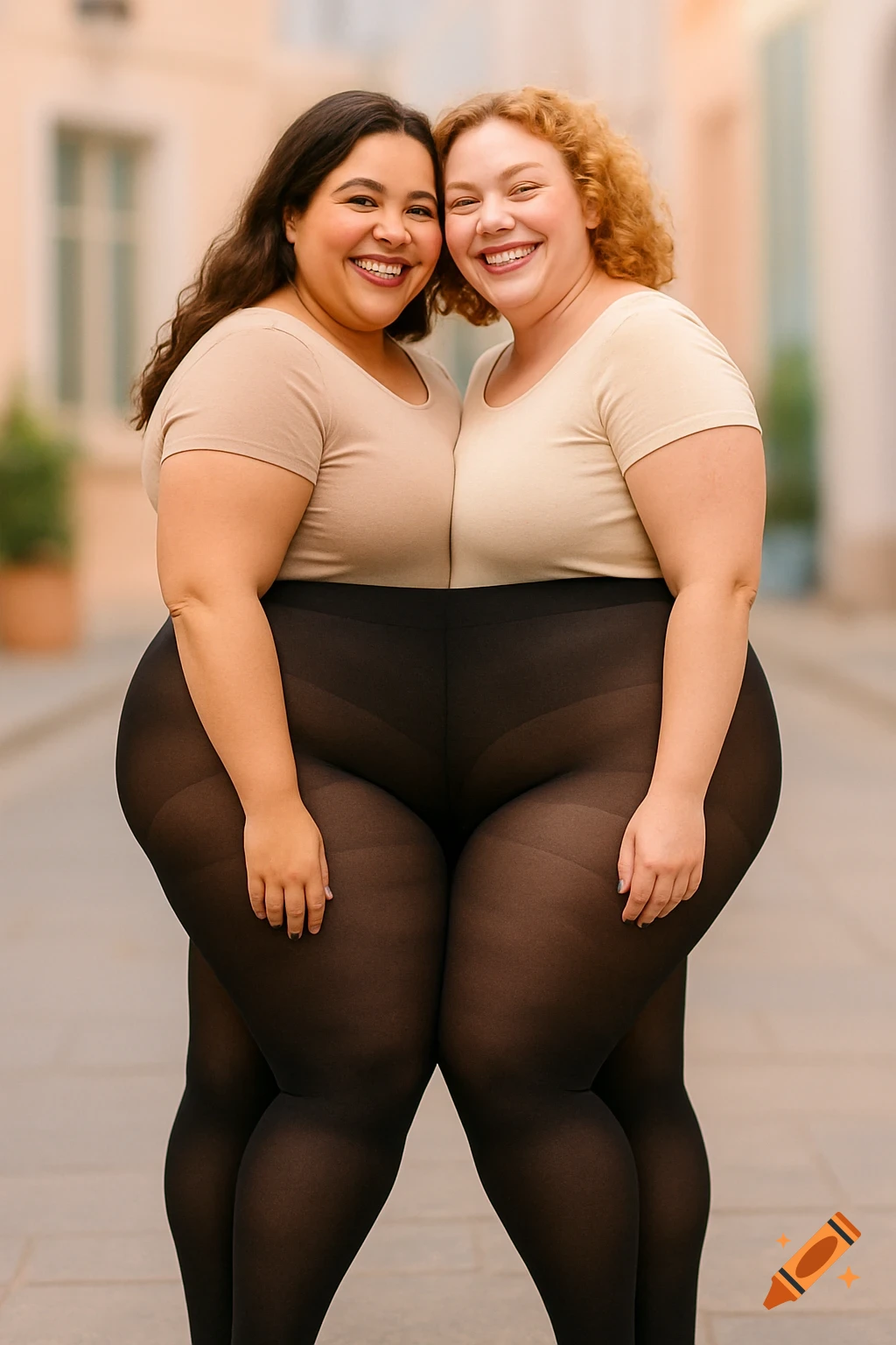 Two smiling plus-size women in beige tops and black tights stand close, creating a conjoined illusion with their merging legs, in an outdoor setting.