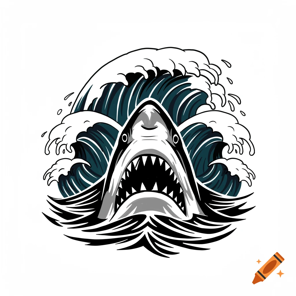 Stylized black and white shark with open mouth emerging from dark waves, in a tribal tattoo design.