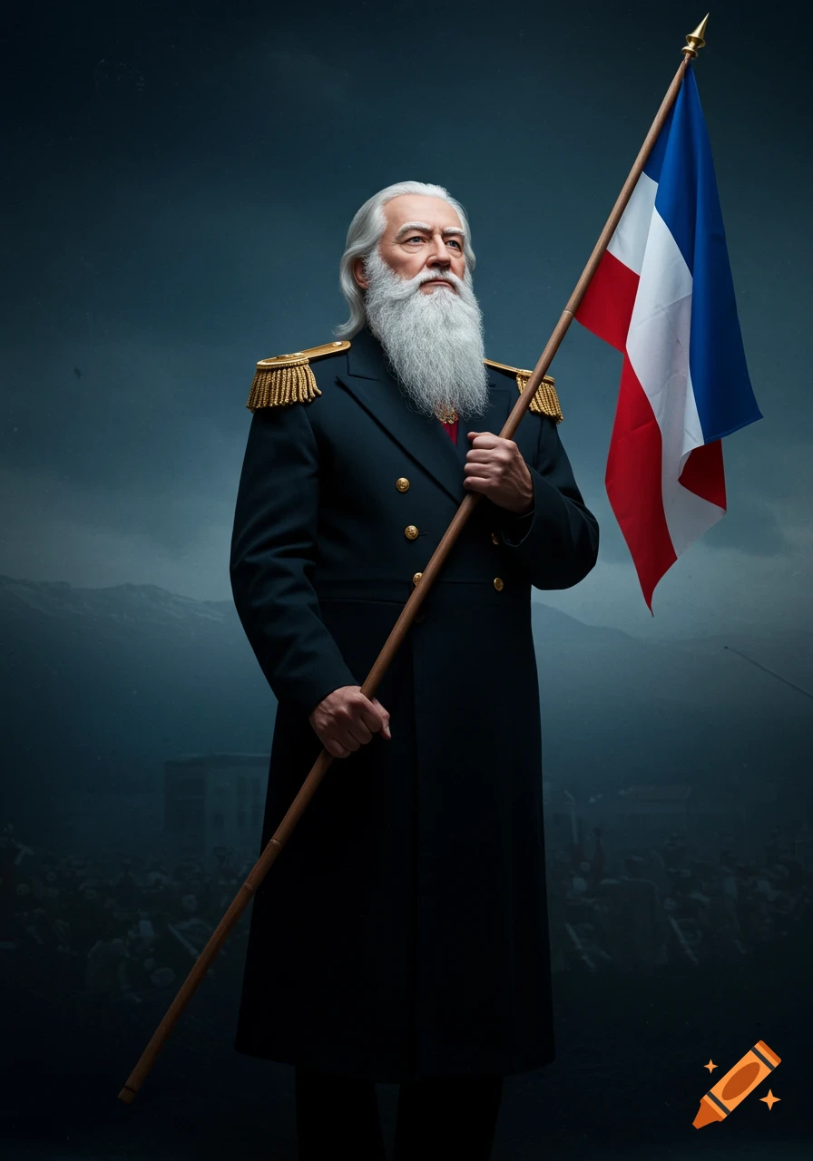 A dignified man in a military uniform with a white beard holds a French flag. Photorealistic style.