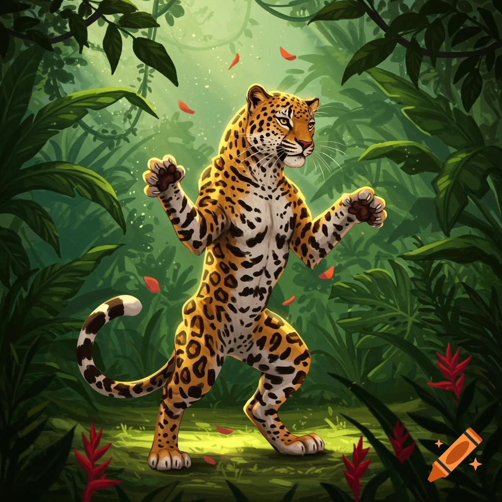 An illustration of a leopard dancing in a lush jungle with light filtering through the leaves and red petals.