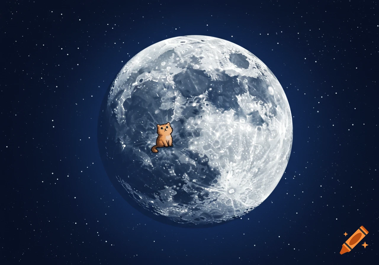 A small, orange cartoon cat sits on a large, detailed full moon against a dark blue starry night sky.
