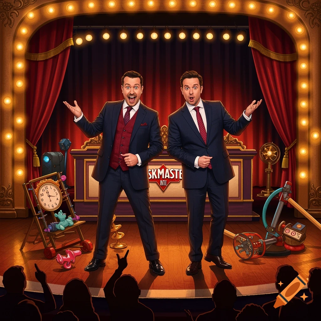 Two male hosts on a brightly lit stage with red curtains, quirky props, and an audience.