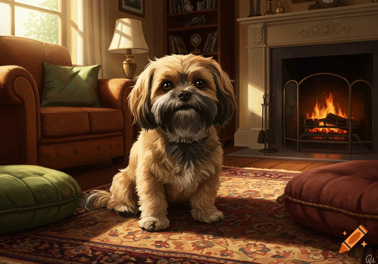 A tan Lhasa Apso Cocker Spaniel mix dog with a black beard sits on a patterned rug in a cozy living room with a fireplace.