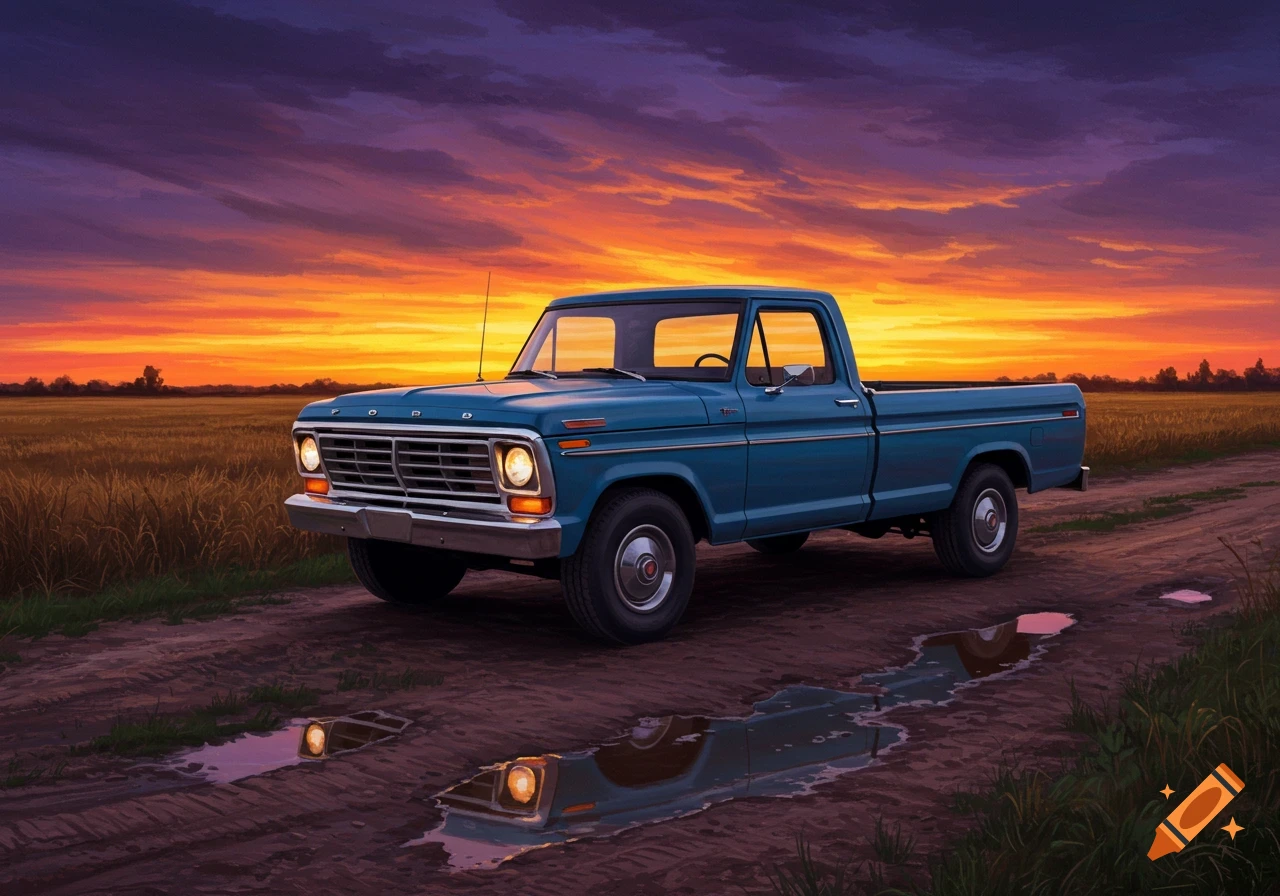 A blue vintage Ford pickup truck on a dirt road with fields under a dramatic sunset.