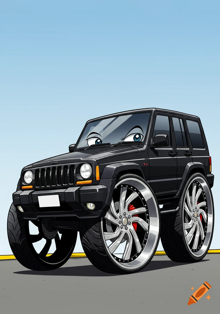 A black cartoon Jeep SUV with large blue eyes on its windshield and oversized chrome wheels is parked on a road under a blue sky.
