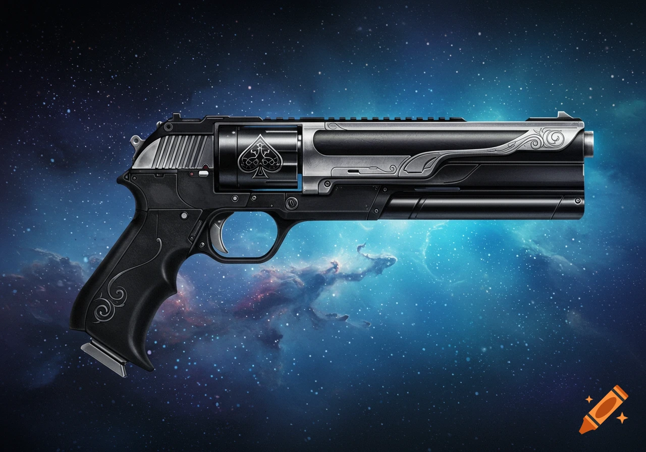 A detailed, futuristic black and silver revolver with a spade symbol on its cylinder, set against a cosmic galaxy background with nebulae.