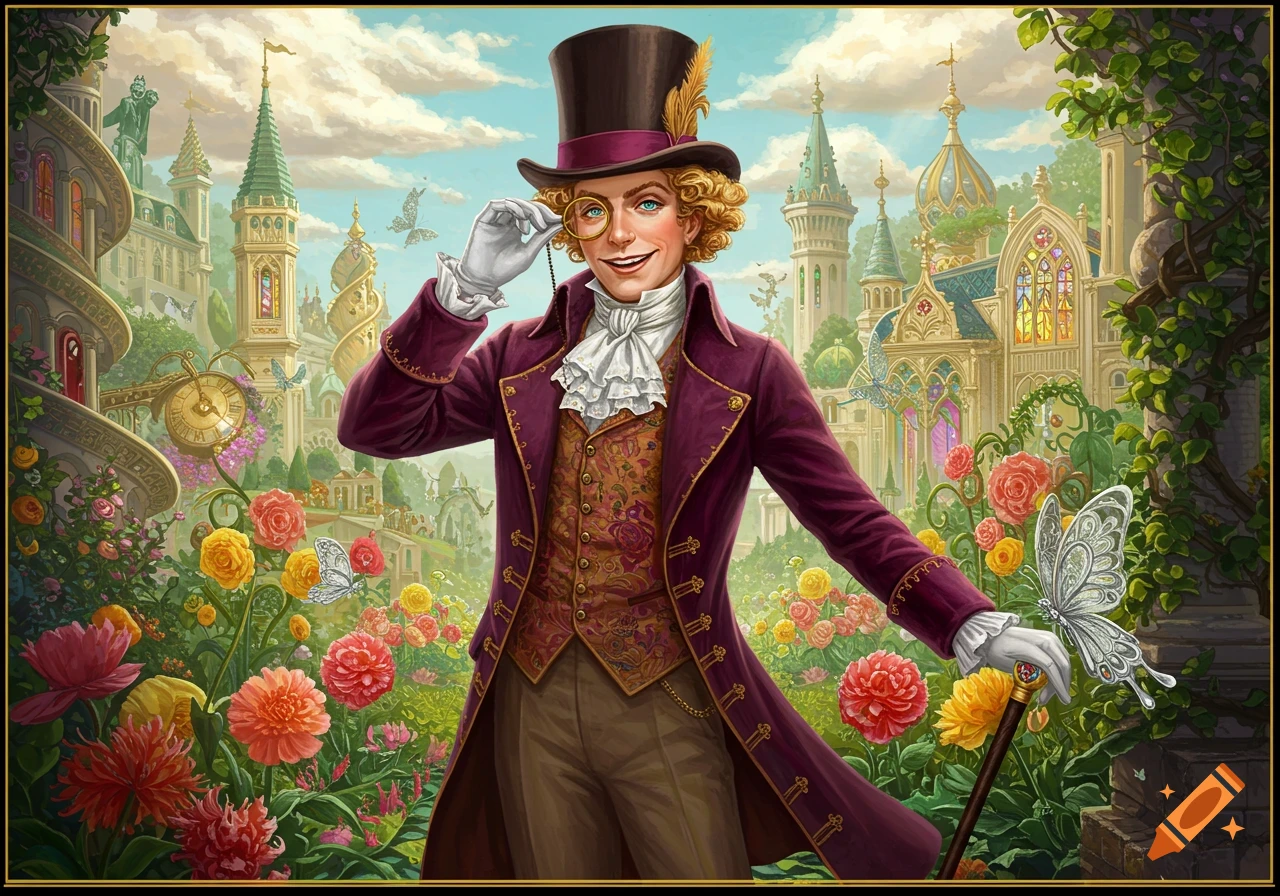A smiling dandy in a purple coat and top hat with a monocle poses in a whimsical garden with ornate fairytale buildings.