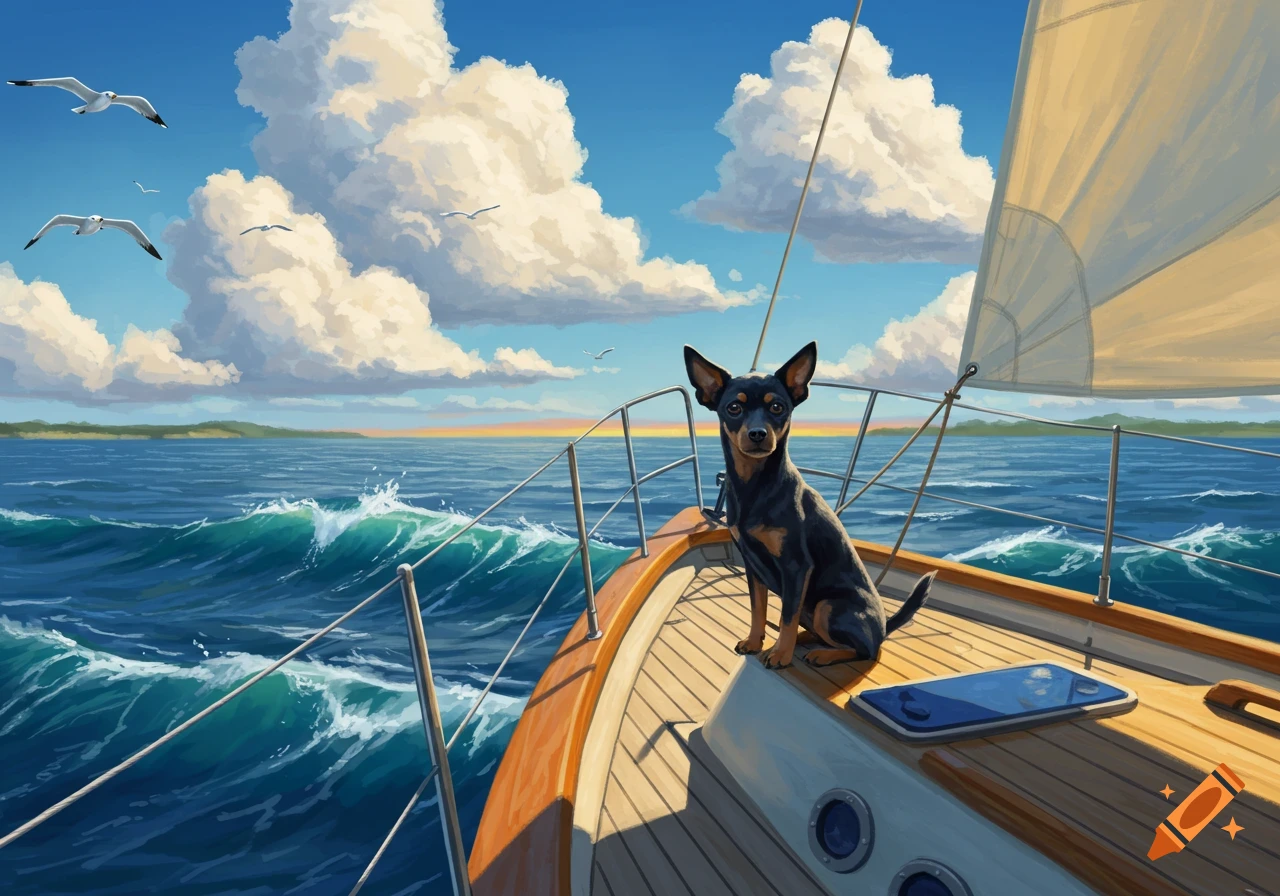 A small black dog sits on the bow of a sailboat, looking out at the calm ocean under a blue sky with fluffy white clouds, in a painterly style.