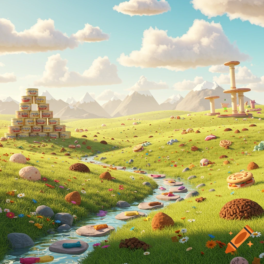 A whimsical landscape featuring a stream flowing through a grassy field with various cat treats and cat furniture scattered around.