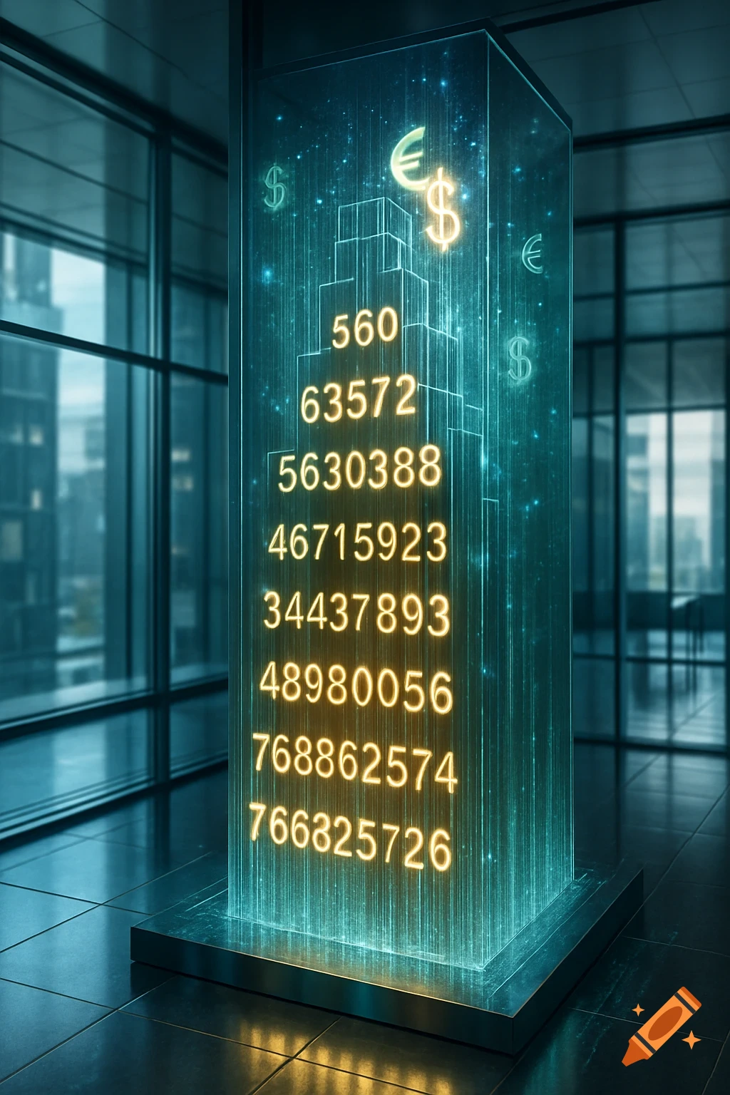 A glowing digital display resembling a rising bar chart, showing large numbers and dollar and euro symbols in a modern office building.