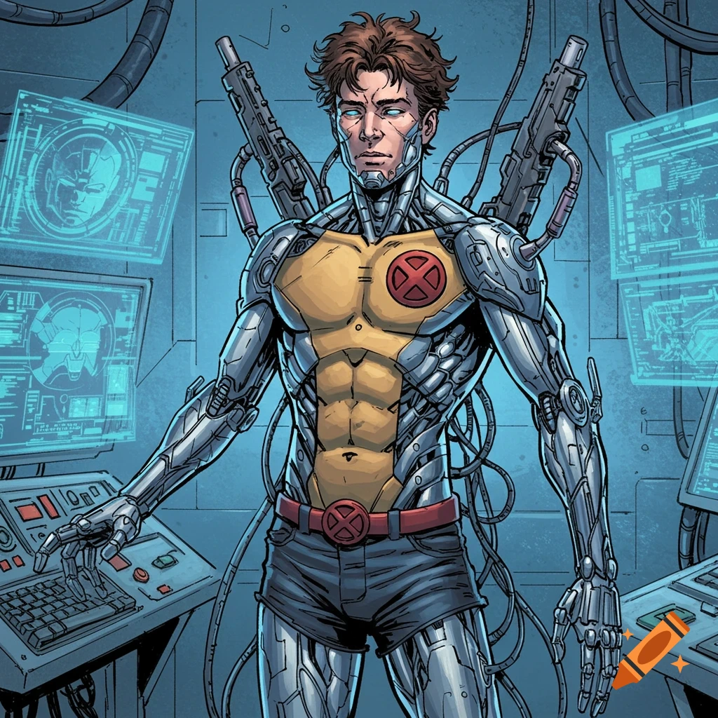 A college-aged male with a robotic body and X-Men logo stands in a tech lab with computer screens, in Marvel comic style.