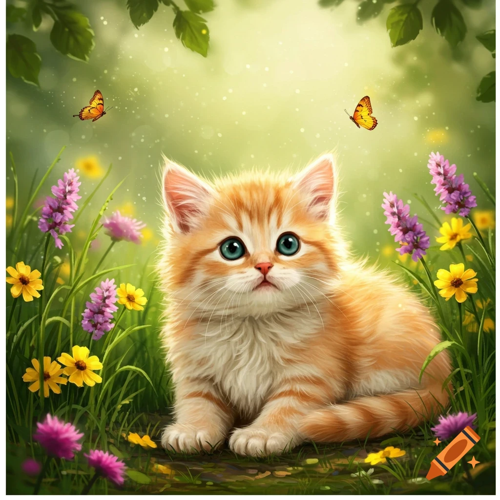 A cute orange tabby kitten with blue eyes sits in a vibrant field of purple and yellow wildflowers with butterflies.