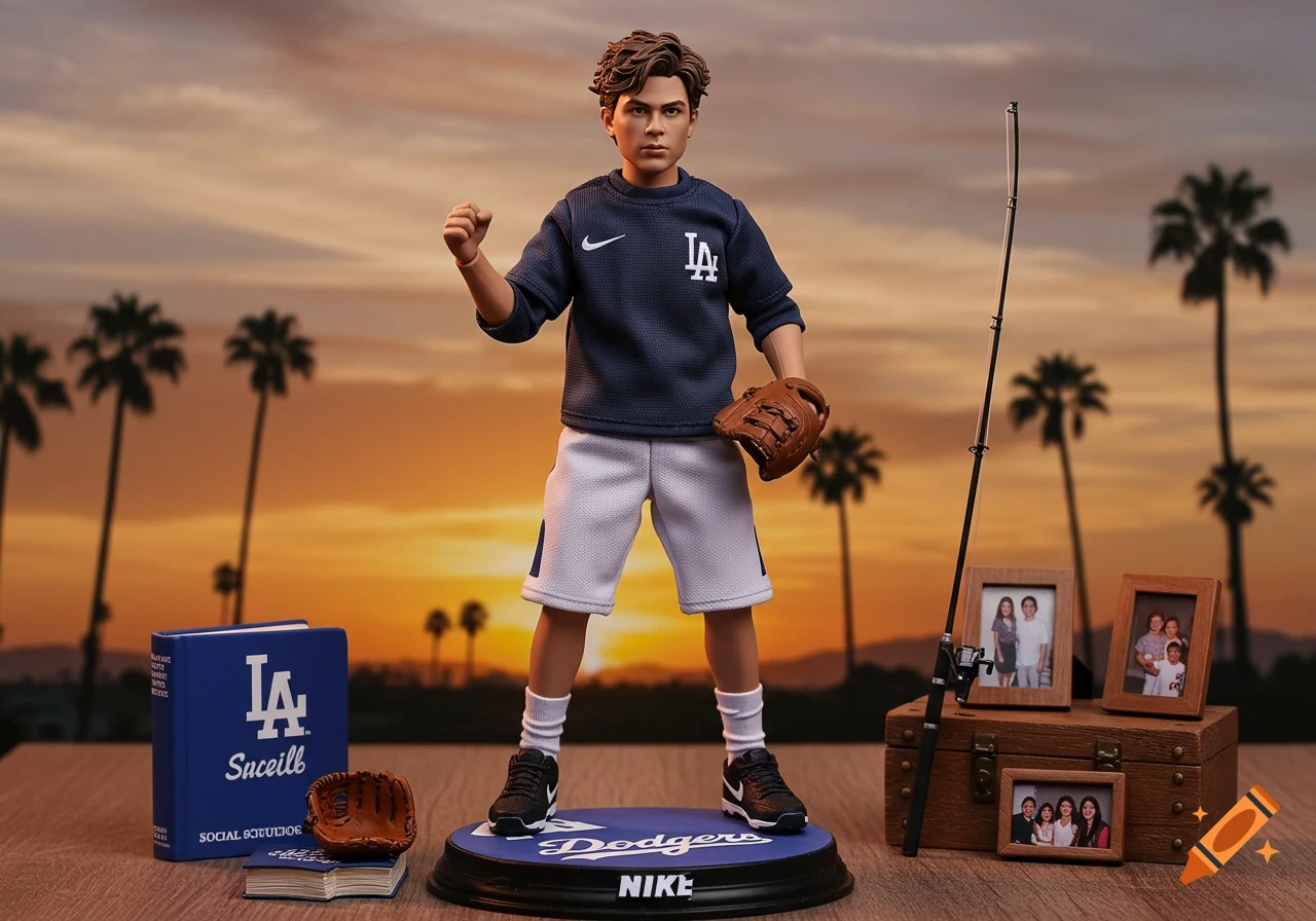 An action figure of a boy in a Dodgers shirt and Nike clothes, holding a baseball glove, with a fishing rod and framed photos in the background. Photorealistic.
