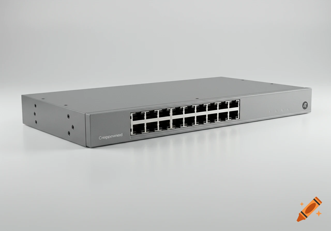 A gray network switch with 24 Ethernet ports on a white background.
