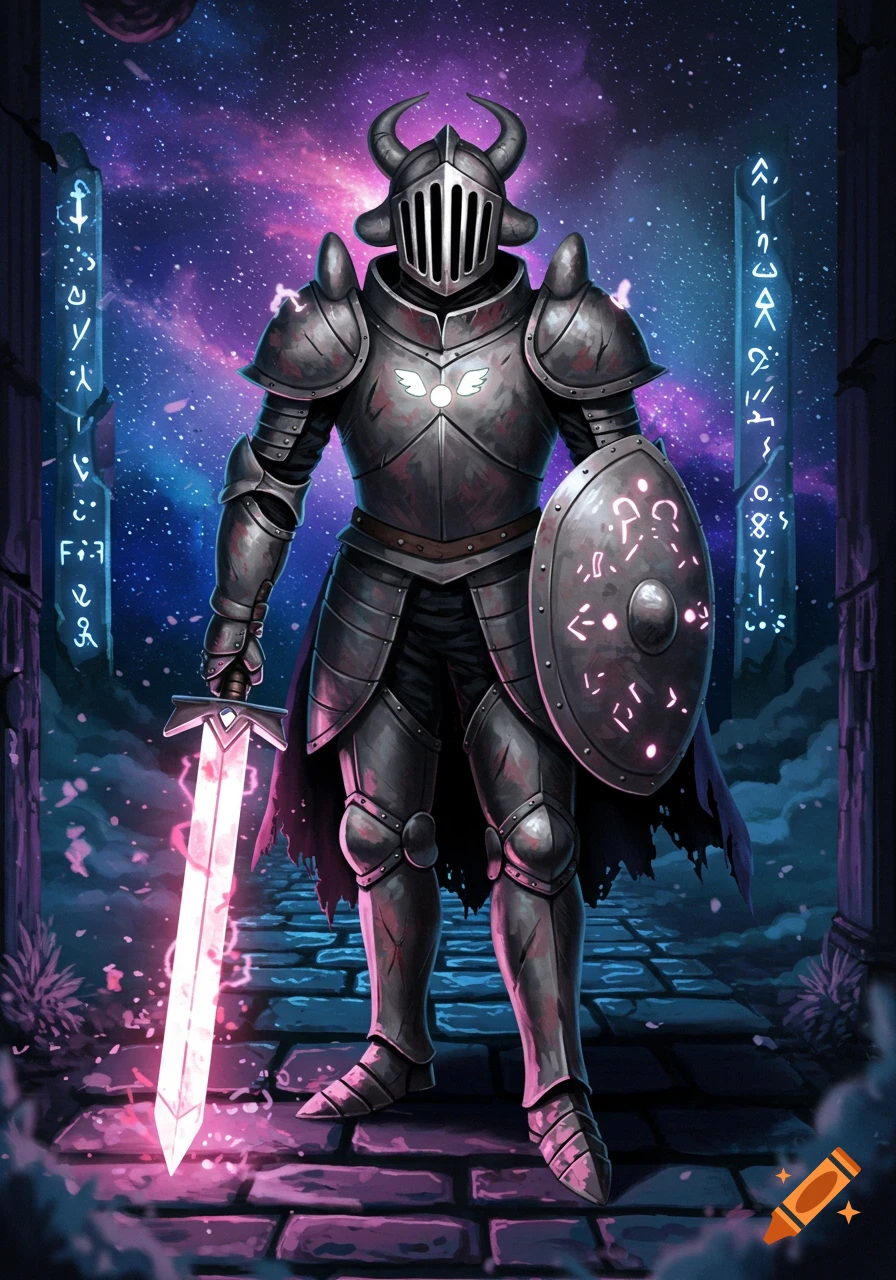 A full body shot of a heavily armored knight with a horned helmet, holding a glowing pink sword and shield, standing on a stone path against a vibrant cosmic sky.