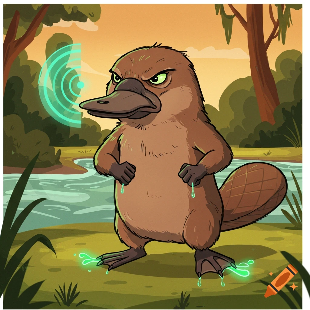 An angry cartoon platypus stands on its hind legs, with glowing green venom dripping from its forefeet and hind feet, and a radar signal emitting from its bill. It is in a forest setting next to a river.