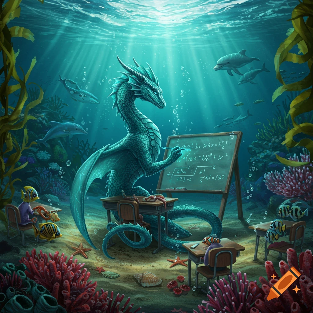 A majestic teal dragon teaches a math class underwater to various fish, writing equations on a chalkboard amidst coral and sea creatures.