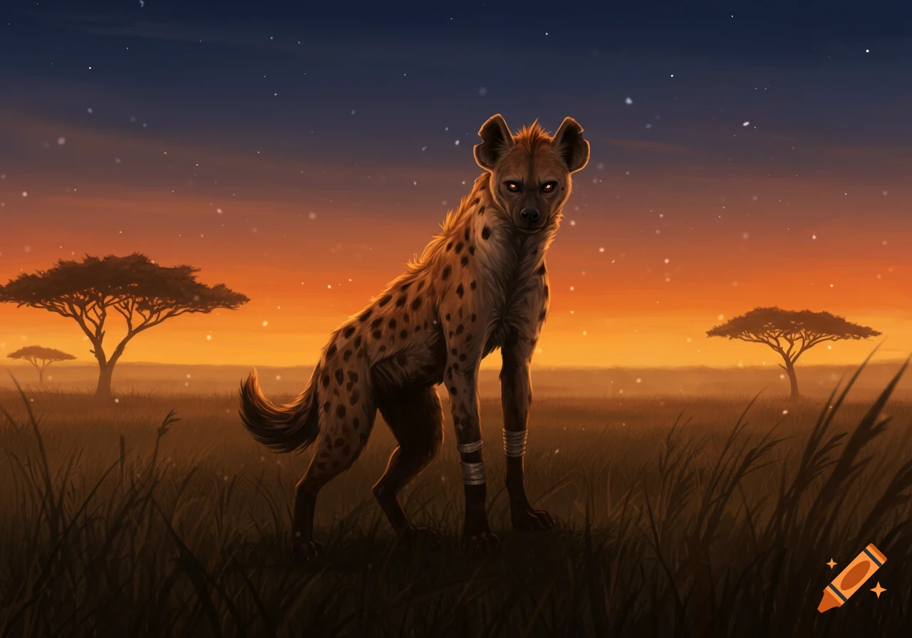 A stylized hyena creature stands in a savanna at sunset, with glowing eyes and armbands, digital art.