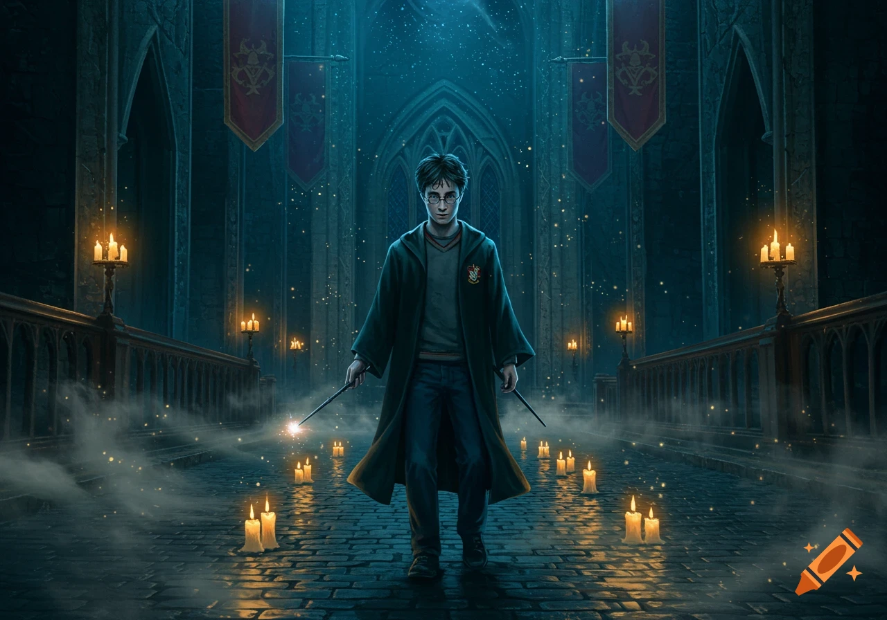 Harry Potter stands in a dark, candle-lit stone hall, holding a glowing wand amidst mystical mist.