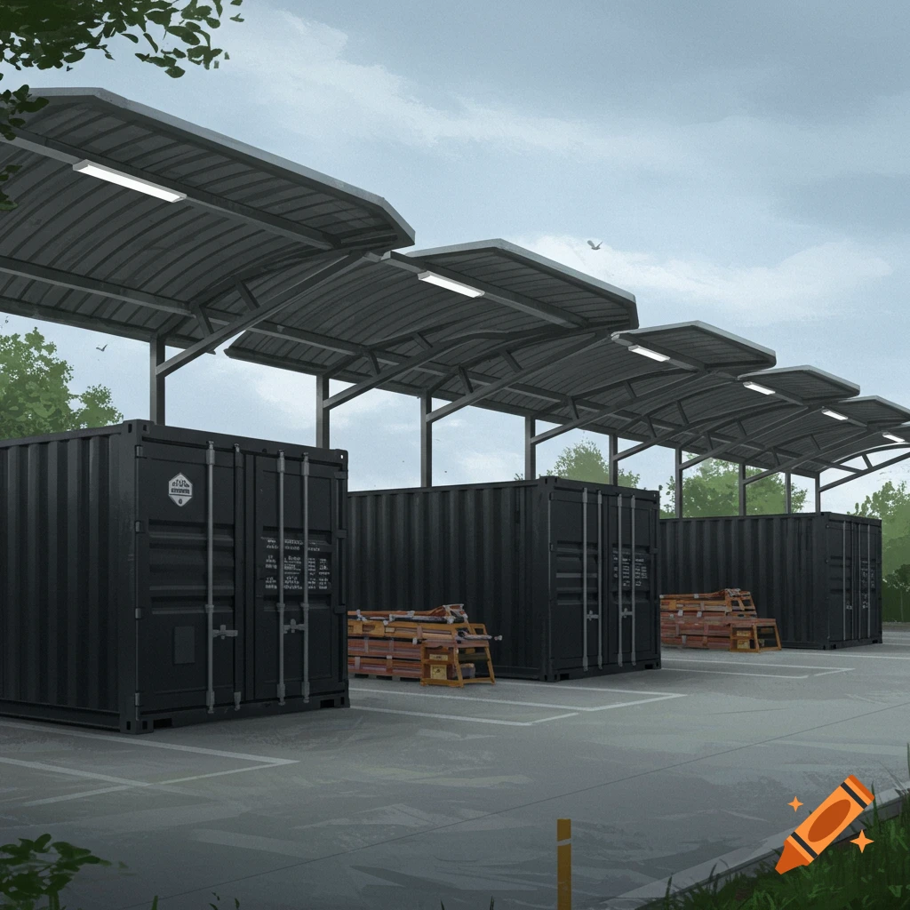 Four black shipping containers with industrial shelters linking them in a council work depot.