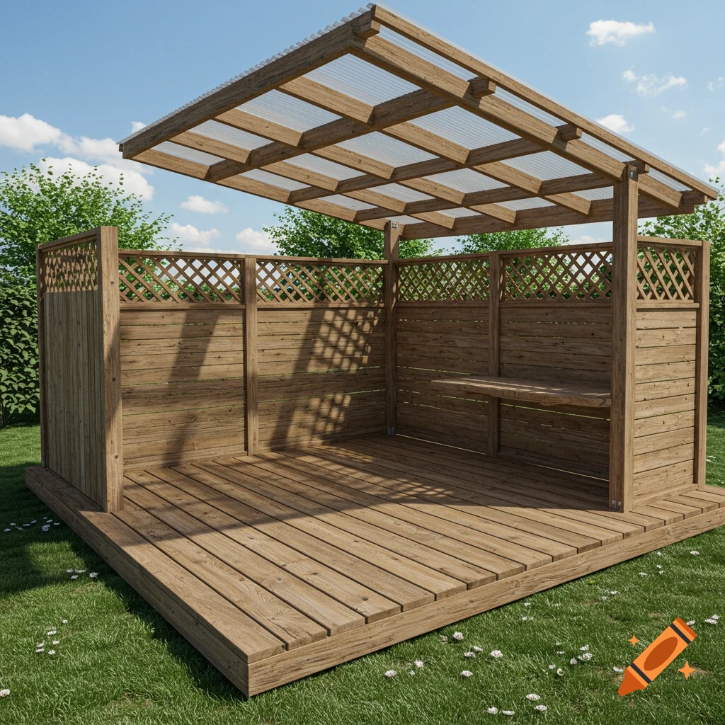 Photorealistic image of a wooden outdoor structure with a clear corrugated roof, wooden deck, fence panel walls, set in a grassy backyard.
