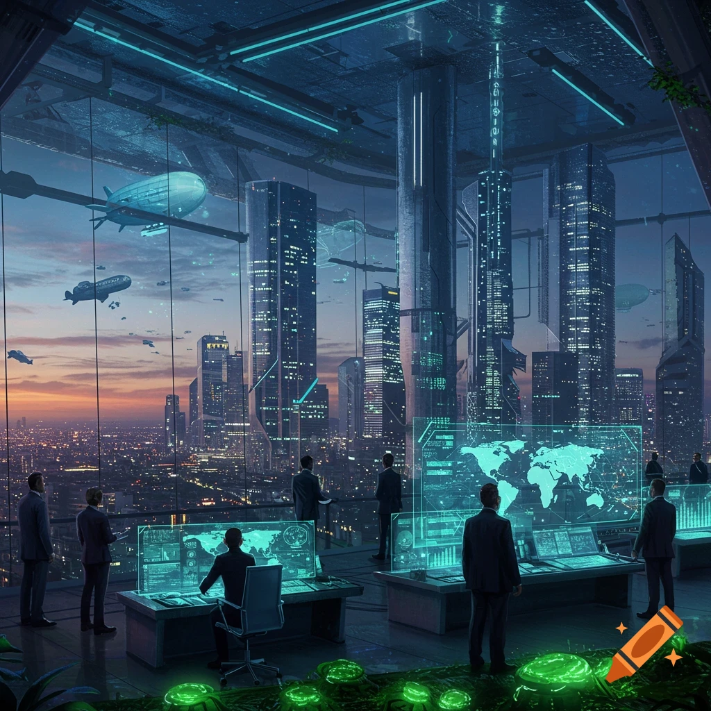 A futuristic control room overlooks a vast cyberpunk city at sunset, with holographic displays and airships.