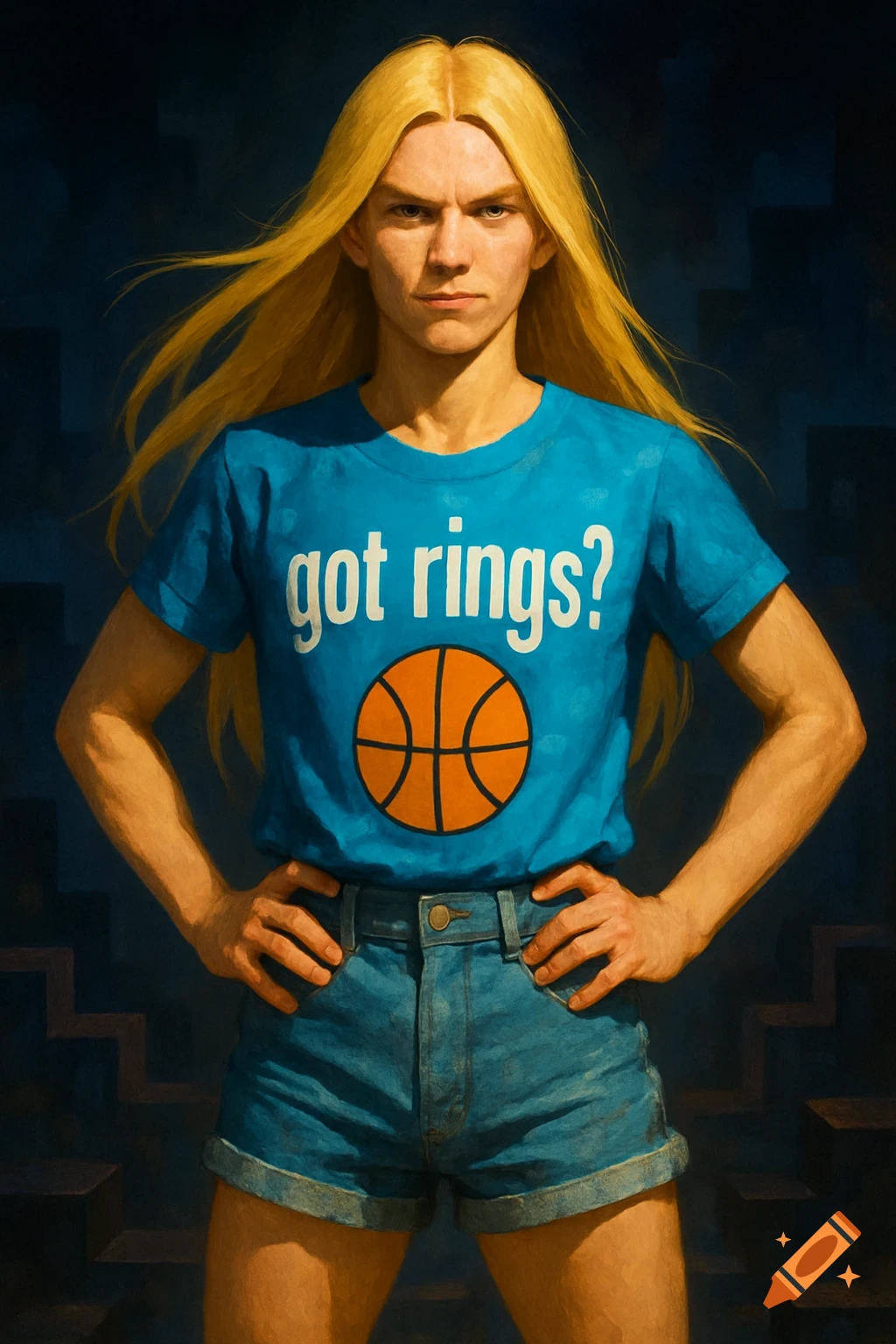 A determined person with long blonde hair in a blue t-shirt reading 'got rings?' with a basketball logo and denim shorts, painted style.