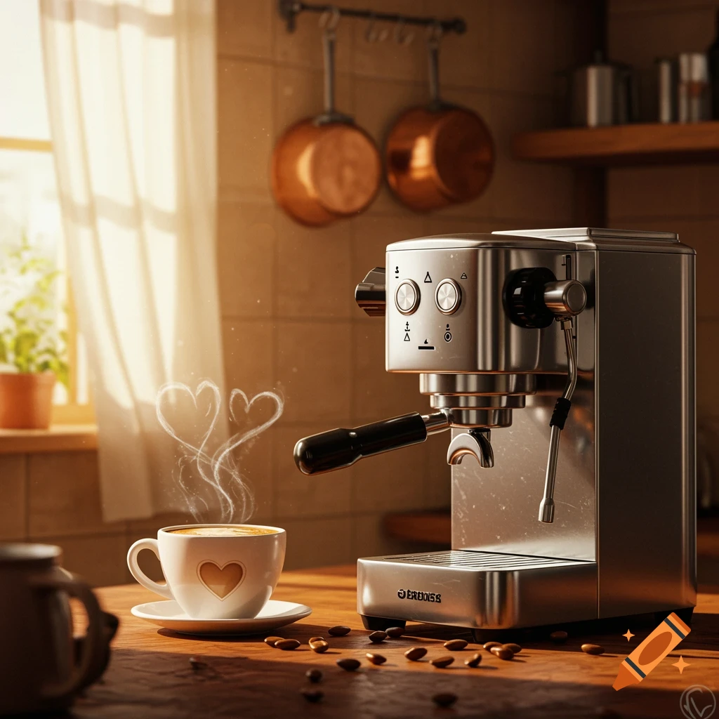 Photorealistic image of a silver espresso machine and a white coffee cup with a heart design on a wooden counter in a sunlit kitchen. Hearts form in steam from coffee.