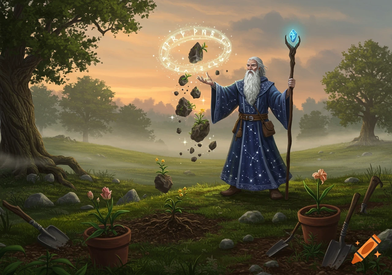 A wise old wizard in a blue robe with a long white beard casts a spell, levitating rocks and plants in a magical field at sunset.