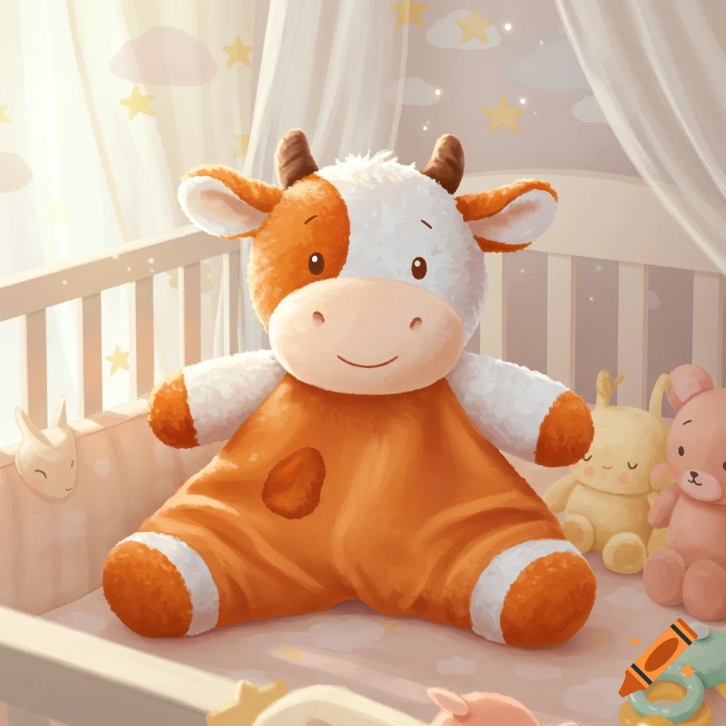 A cute orange and white cow plush toy sits in a baby crib, illustrated in a soft watercolor style.