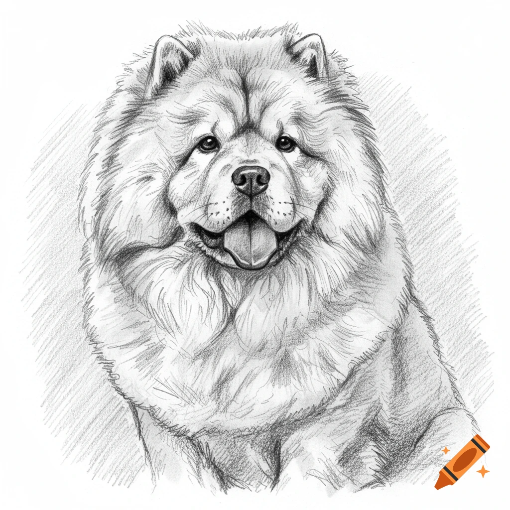 A black and white pencil sketch of a Chow Chow dog's head.