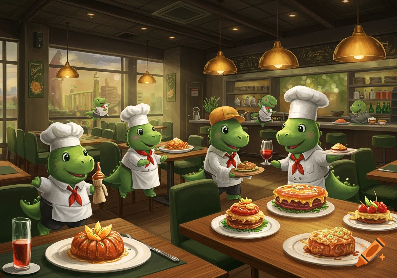 Cartoon baby dinosaur chefs serve various unique dishes in a modern restaurant setting.