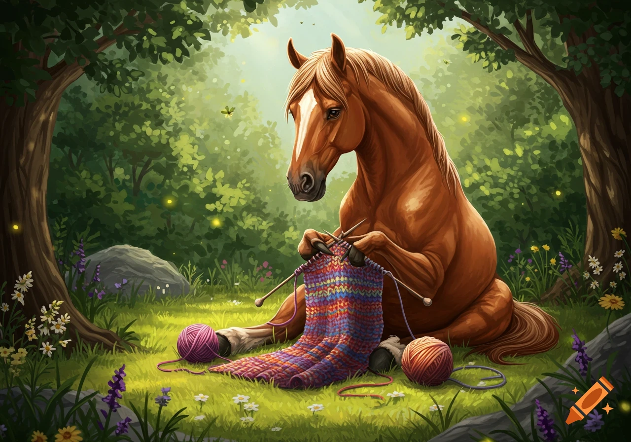A brown horse sits in a green forest, knitting a colorful striped fabric with two balls of yarn beside it.