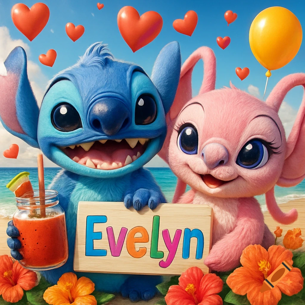 Stitch and Angel on a vibrant beach, holding a sign with 'Evelyn' and a smoothie, with hearts and hibiscus flowers.