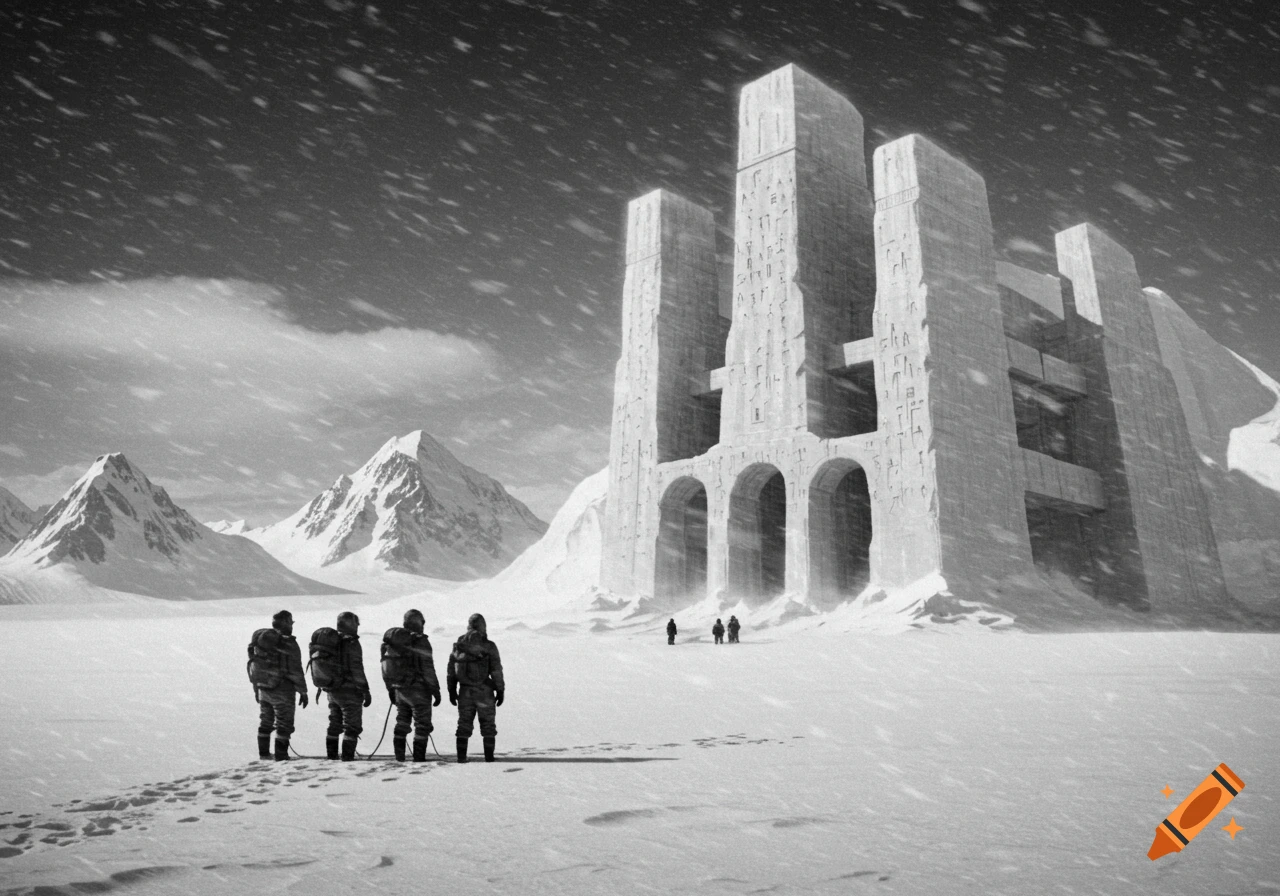 Black and white photo of explorers approaching a massive, ancient-looking structure in a snowy, mountainous Antarctic landscape under a blizzard.